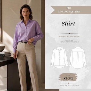 May include: A PDF sewing pattern for a shirt, featuring a light purple long-sleeve button-down shirt, technical line drawings of the front and back, and text including "PDF SEWING PATTERN", "Shirt", "FOR HEIGHT: 168 CM / 5'6", and "SIZE XS-3XL".