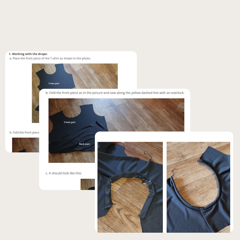 May include: A series of instructional images detailing the process of sewing a T-shirt. The images show the front and back pieces of the shirt, with text instructions. The steps include folding and sewing the front piece.