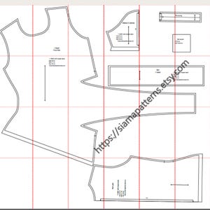 May include: A black and white sewing pattern layout with various garment pieces. The pattern includes pieces for the front, back, sleeves, and belt, with measurements and details. The website address siamapatterns.etsy.com is visible.