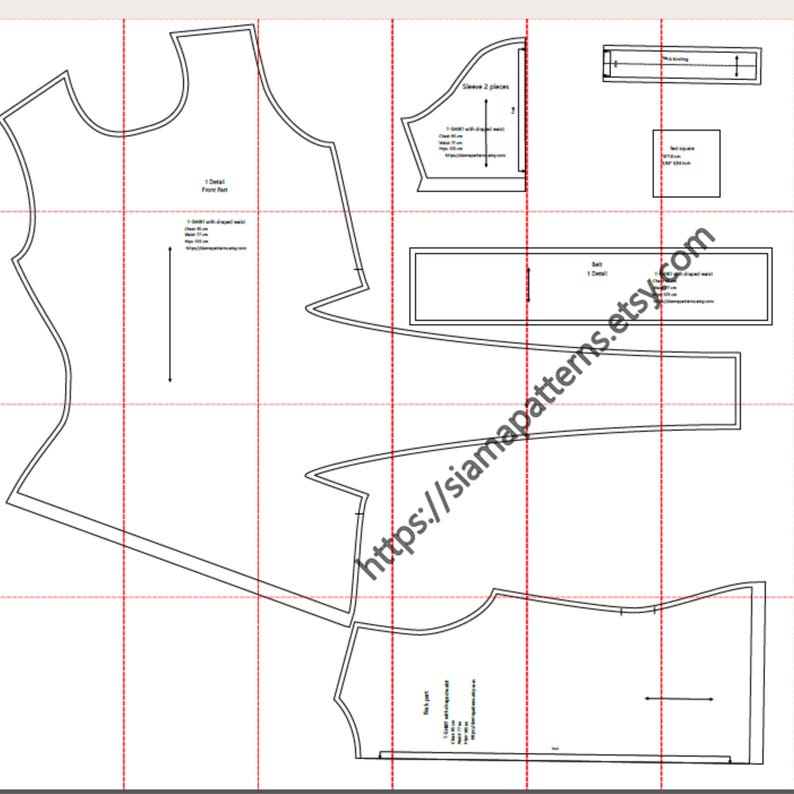 May include: A black and white sewing pattern layout with various garment pieces. The pattern includes pieces for the front, back, sleeves, and belt, with measurements and details. The website address siamapatterns.etsy.com is visible.