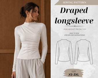 Draped Waist and Shoulder Long Sleeve Sewing Pattern, Tall Fit 176 cm (Instant Download)