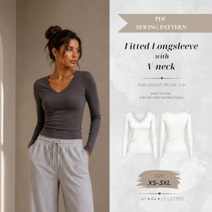 May include: A PDF sewing pattern for a fitted long-sleeve V-neck top. The image displays a charcoal grey long-sleeve shirt, a technical line drawing of the front and back of the garment, and text including "Fitted Longsleeve with V-neck", "FOR HEIGHT: 176 CM/5'9"", and "SIZE XS-3XL".