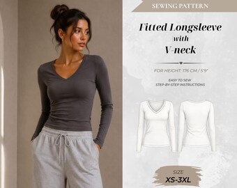 Fitted V-Neck Long Sleeve Sewing Pattern, Tall Fit 176 cm (Instant Download)