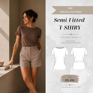 Op de afbeelding: Een PDF-naaipatroon voor een semi-getailleerd t-shirt. De afbeelding toont een bruin t-shirt, technische lijntekeningen van de voor- en achterkant van het kledingstuk, en tekst waaronder "PDF SEWING PATTERN", "Semi-Fitted T-SHIRY", "FOR HEIGHT: 160 CM/5'3" en "SIZE XS-3XL".
