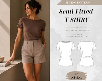Women’s Boat Neck Semi-Fitted T-Shirt Sewing Pattern, Petite Fit 160 cm (Instant Download)
