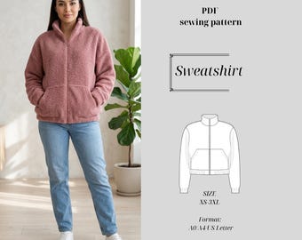 Zip Up Sweatshirt Sewing Pattern PDF, High Neck Women's Sweatshirt Digital, Sizes XS-3XL