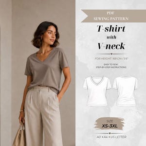 Oversized V-Neck Tshirt Sewing Pattern, Standard Fit 168 cm (Instant Download)