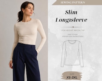 May include: A PDF sewing pattern for a slim long-sleeve top. The graphic displays the text Slim Longsleeve, For Height: 168 cm/5'6", Easy to sew step-by-step instructions, and Size XS-3XL. A line drawing of the top is included on the right side.