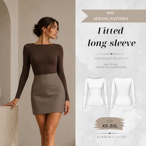 Puede incluir: Un patrón de costura en PDF para una blusa ajustada de manga larga. La imagen muestra una blusa marrón de manga larga, dibujos técnicos de la parte delantera y trasera de la prenda, y texto que incluye "Fitted long-sleeve", "FOR HEIGHT: 176 CM" y "SIZE XS-3XL".