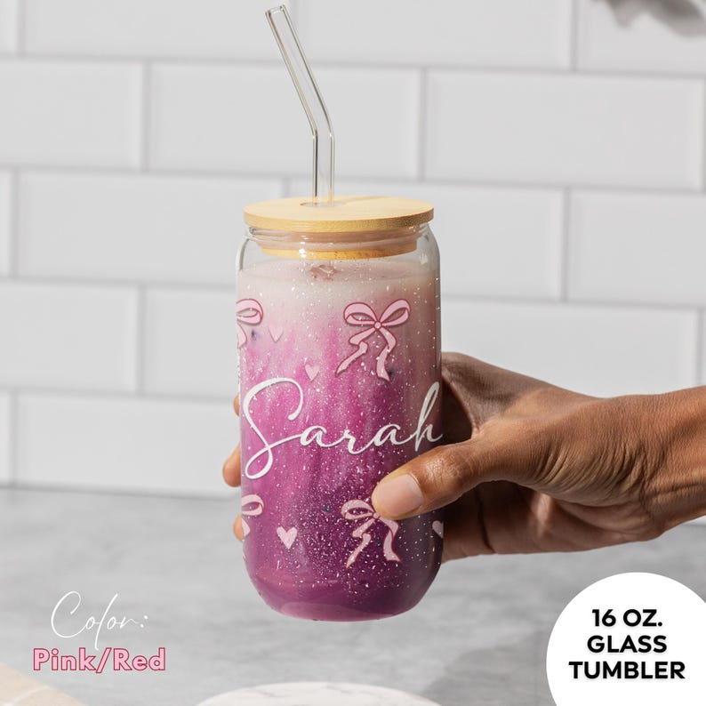 Personalized Glass Can Cup Galentines Gift, Valentines Day Glass Cup 16oz, Cute Valentine Coquette Cup Gift Best Friends, Glass with name