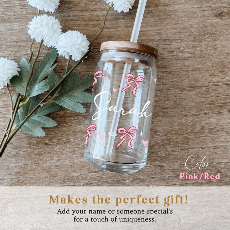 Personalized Glass Can Cup Galentines Gift, Valentines Day Glass Cup 16oz, Cute Valentine Coquette Cup Gift Best Friends, Glass with name