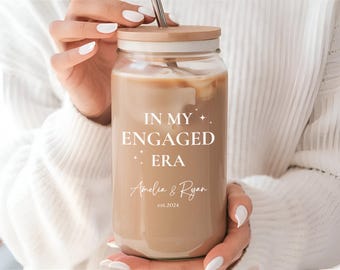Personalized Engagement Gift Glass Tumbler, In My Wifey Era cup Gift for Bride, Glass Tumbler with straw and lid, Bridal shower in my Wife.