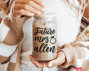 Personalized Engagement Gift Glass Tumbler, Future Wifey mrs cup Gift for Bride, Glass Tumbler with straw and lid. Bridal shower in my Wife.