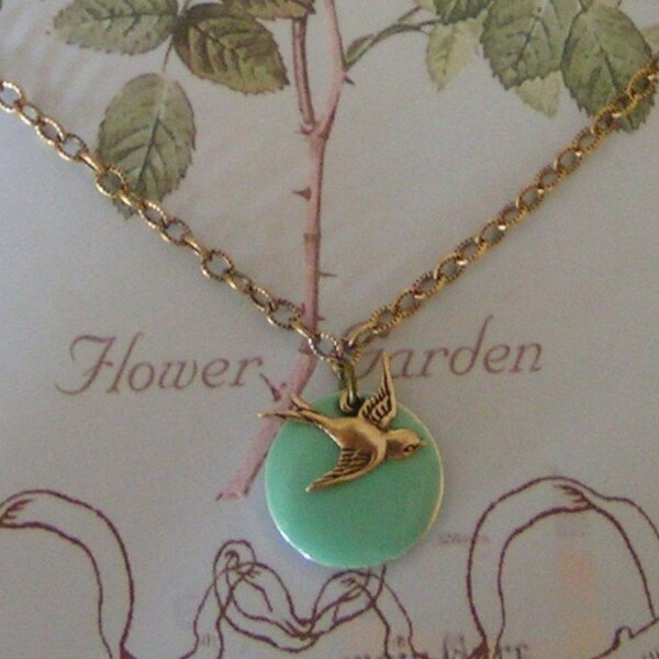 BLUE MOON - PALE BLUE GREEN ENAMEL DISC WITH SWEET ANTIQUE GOLD SPARROW ON VINTAGE FINISHED CHAIN - NECKLACE