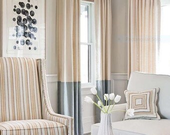 Eggshell And Cadet Grey Color Block Linen Curtain Panels Rod Etsy