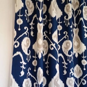 5 colors drapes Magnolia Java ikat, two panels custom drapes, window curtain panels, printed cotton, navy, spa, barley, yacht, pewter