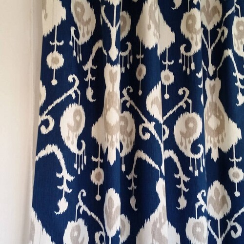 Navy blue curtains, Magnolia Java ikat, pair of custom drapes, curtain panels, shops printed cotton,