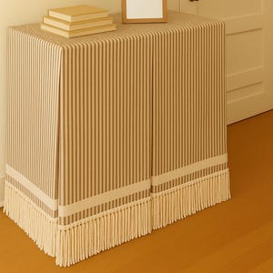 Ticking stripe Rectangular tableskirt Grosgrain bullion Pleated cotton table skirt console table cover, brown red indigo olive black