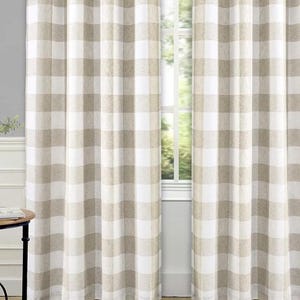 Two panels Buffalo plaid farmhouse rod pocket window curtains check drapes Anderson black ecru yellow baby pink baby blue grey