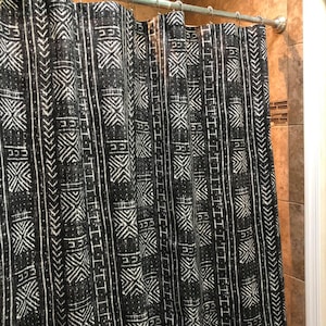 RTS, already made, 72 x 72L African Mudprint shower curtain Mudcloth  BLACK / IVORY