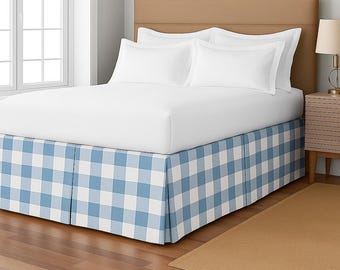 Gonna da letto a quadri Buffalo in cashmere blu, gonna da letto a quadri, pieghe sartoriali, volant a quadri, federe, cuscini