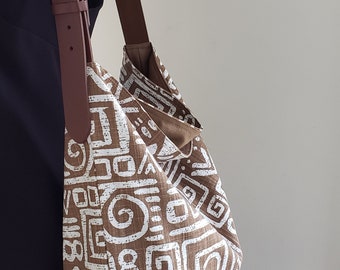 Large size hobo tote,  bucket tote, cloth shoulder bag, Glyphics brown and white African ethnic print