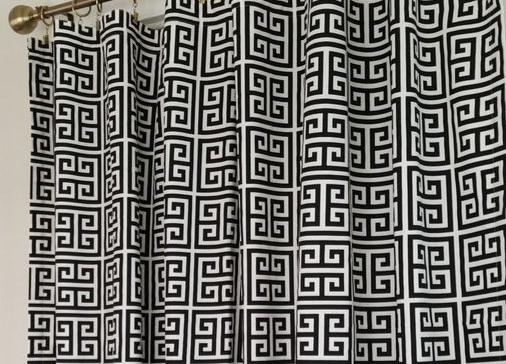 Fabric shower curtain, Towers Greek key Black off-white cotton print, 72", 84", 90", 96", 108" custom sizes available