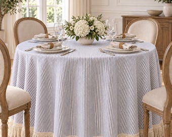 Ticking stripe Round tablecloth with cotton bullion fringe brown, indigo, ocean, meadow-olive green