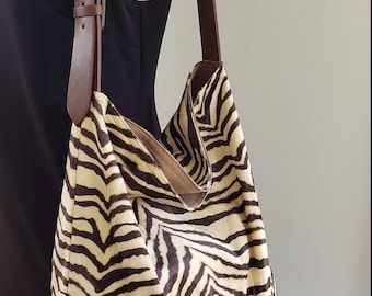 Medium size Brown and beige zebra hobo tote bag faux fur bucket tote bag handbag hippie tote sloppy tote boho shoulder bag gift Etsy