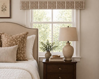 Ticking stripe Rod pocket valance with Decorative embroidered trim, window topper, custom sizes rustic brown, indigo  olive black ocean blue