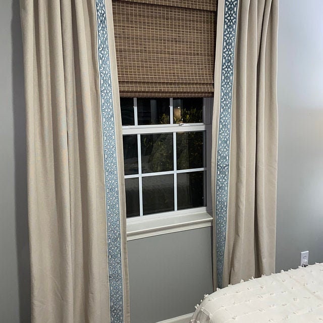 Tan Color Linen Drapes With Trim Tape, Heavy Linen Curtains 