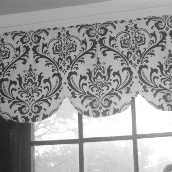 RTS Scallop Window valance, traditions damask, white and black decorator cotton