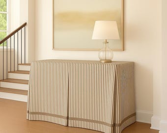 Ticking stripe Rectangular tableskirt, Grosgrain trim Pleated cotton console table cabinet cover, skirted table brown indigo black, olive