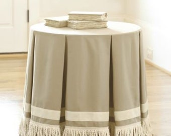 Antique beige Round tableskirt with bullion fringe and grosgrain trim, bullion fringe and ribbon trim