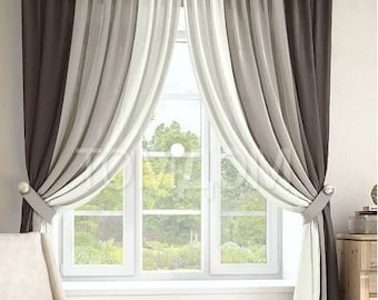 Six curtain panels, linen window curtains, rod pocket drapes,