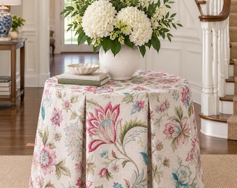 P Kaufman blythe Pleated table skirt embroidered trim floral skirted table ruby, Spice. Peacock blue