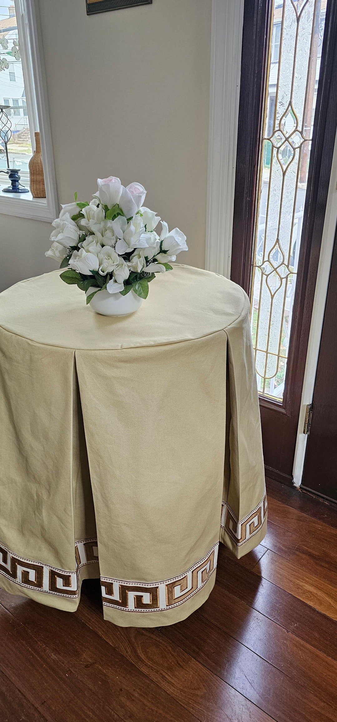 RTS Round Table Skirt 30 Dia X 30H Beige Cotton Greek Key Trim Etsy