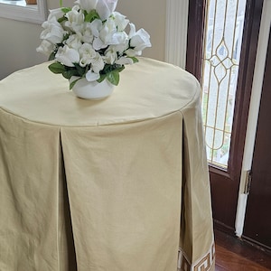 RTS Round table skirt 30 dia x 30H  beige cotton Greek key trim table skirt, pleated tablecloth