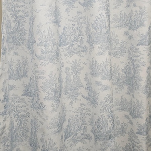 Light blue and white toile window curtains, drapery panels, toile drapes, weathered blue