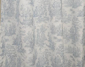Light blue and white toile window curtains, drapery panels, toile drapes, weathered blue