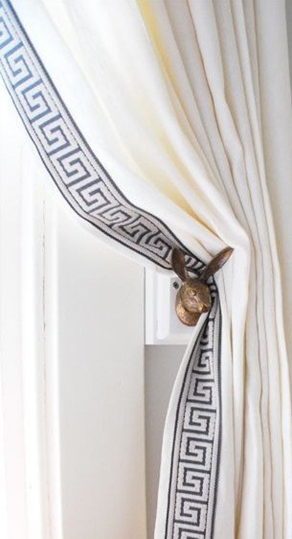 Pleated Linen Curtains Linen Drapes Greek Key Trim Lined Etsy