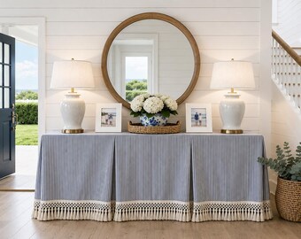 Ticking stripe rectangular tableskirt knotted tassel macrame fringe skirted table,  pleated console cover