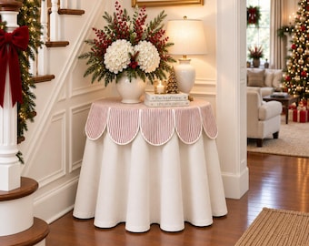 Red and white Ticking stripe table topper overlay tableskirt round cocktail table linens, wedding banquet home christmas decor