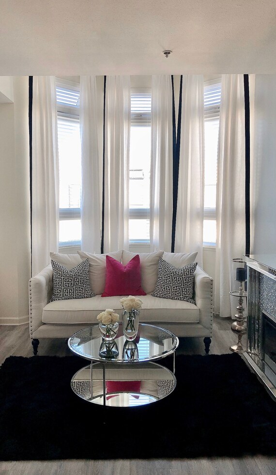 Six Pleated Panels 27w X 120l White Linen With Black 2 Etsy