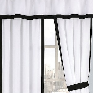 White linen curtain panels with contrast grosgrain border, matching VALANCE SOLD SEPARATELY