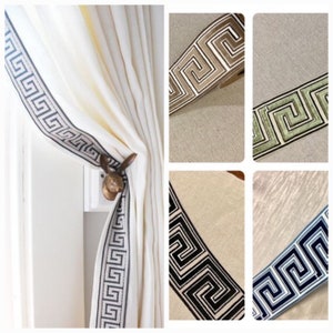 Pair rod pocket linen curtains, lined linen drapes with Greek key trim,  curtain panels, drapes, off white,  100% linen
