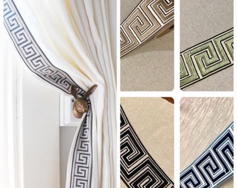 Pair rod pocket linen curtains, lined linen drapes with Greek key trim,  curtain panels, drapes, off white,  100% linen