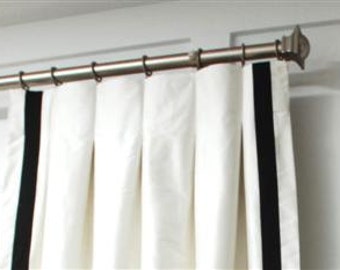 Pair, pleated linen curtains, grosgrain trim all around, inverted pleats, white, off white,