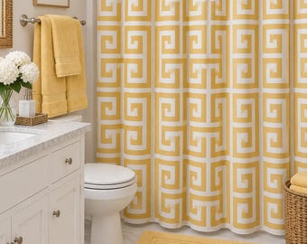 RTS 72W x 72 L yellow and white shower curtain, Zeus, polyester geometric