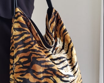 Large size Hobo shoulder bag, hippie  Faux fur, gold and black, tiger animal print handbag, fake fur hand bag